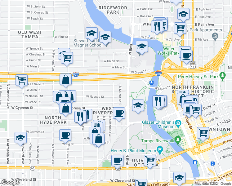 map of restaurants, bars, coffee shops, grocery stores, and more near 1006 West Arch Street in Tampa