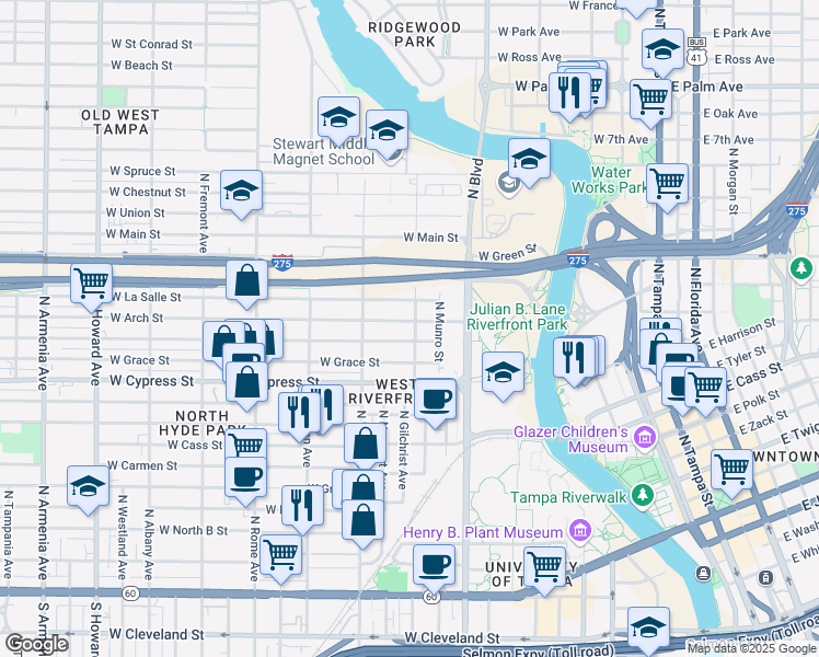 map of restaurants, bars, coffee shops, grocery stores, and more near 1006 West Arch Street in Tampa