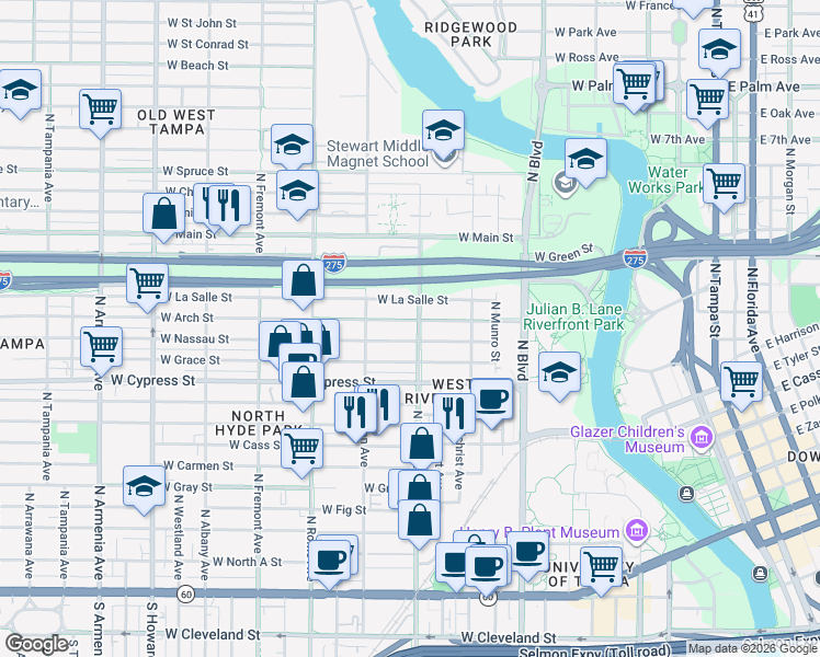 map of restaurants, bars, coffee shops, grocery stores, and more near 1306 West Arch Street in Tampa