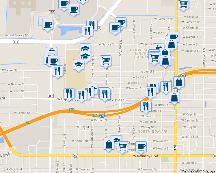 map of restaurants, bars, coffee shops, grocery stores, and more near 4213 West Nassau Street in Tampa