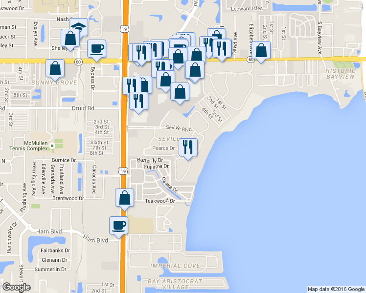 map of restaurants, bars, coffee shops, grocery stores, and more near 2650 Pearce Drive in Clearwater