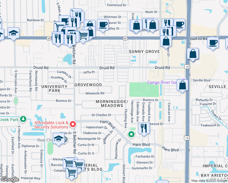 map of restaurants, bars, coffee shops, grocery stores, and more near 1040 Chinaberry Road in Clearwater