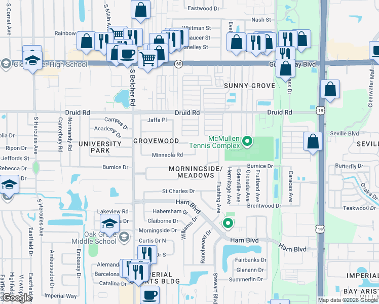 map of restaurants, bars, coffee shops, grocery stores, and more near 2298 Minneola Road in Clearwater