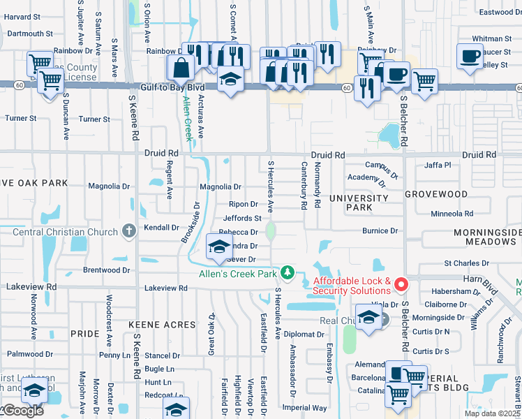 map of restaurants, bars, coffee shops, grocery stores, and more near 1957 Ripon Drive in Clearwater