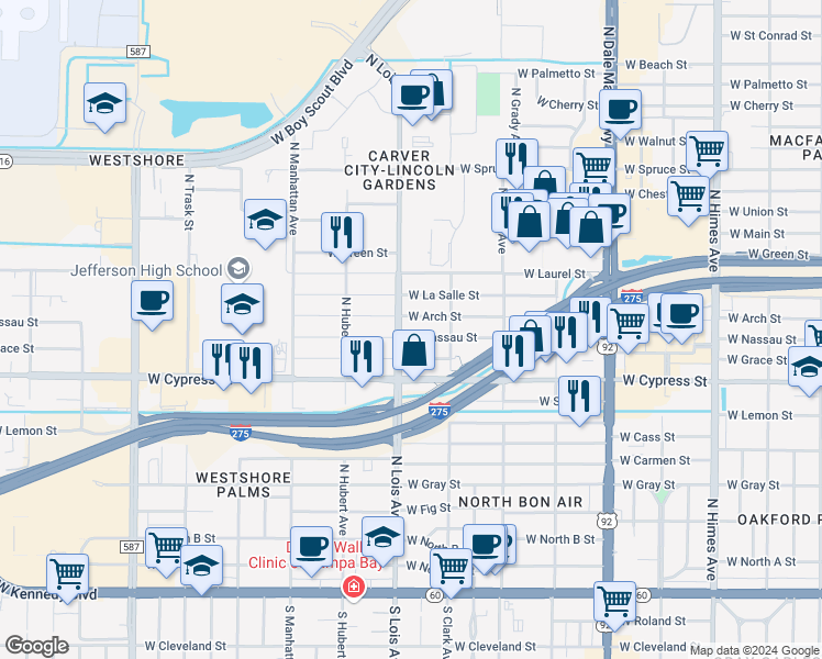 map of restaurants, bars, coffee shops, grocery stores, and more near 4121 West Nassau Street in Tampa