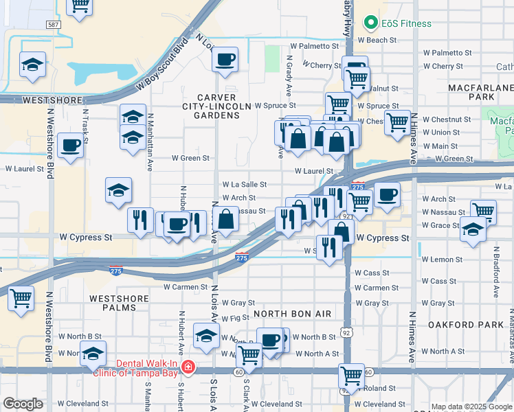 map of restaurants, bars, coffee shops, grocery stores, and more near 4101 West Nassau Street in Tampa