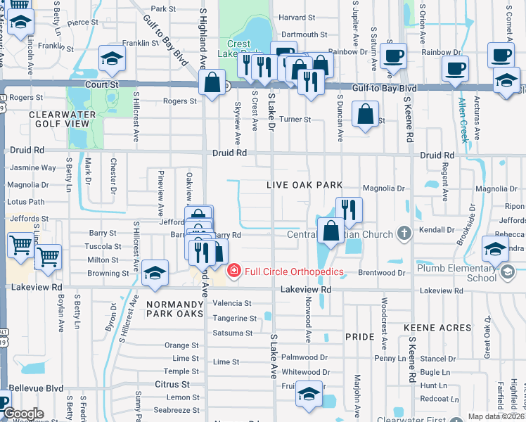map of restaurants, bars, coffee shops, grocery stores, and more near 1583 Budleigh Street in Clearwater