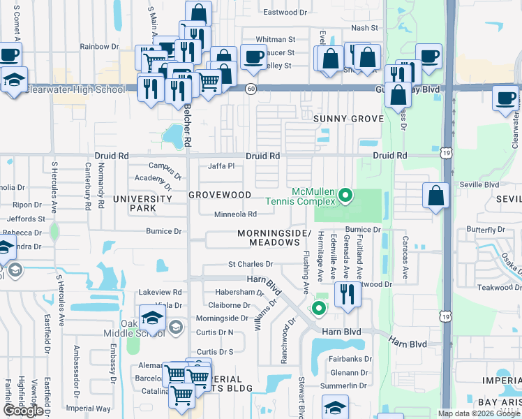map of restaurants, bars, coffee shops, grocery stores, and more near 2298 Minneola Road in Clearwater
