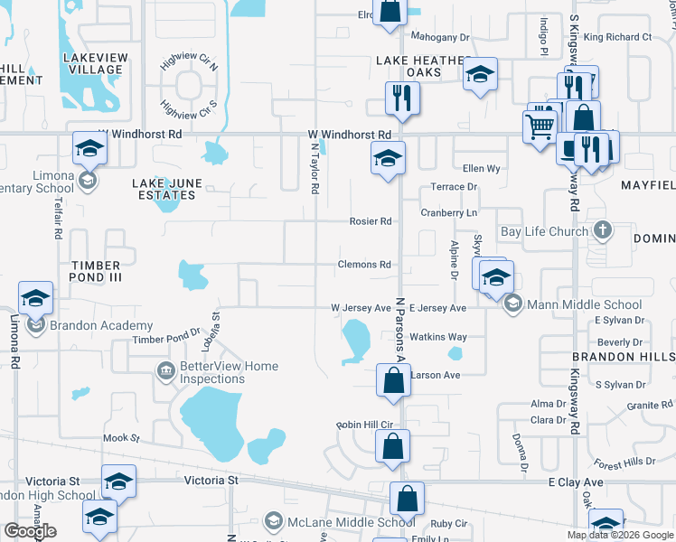 map of restaurants, bars, coffee shops, grocery stores, and more near 209 Clemons Road in Brandon