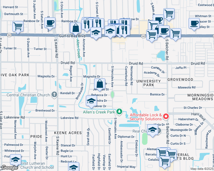 map of restaurants, bars, coffee shops, grocery stores, and more near 1957 Ripon Drive in Clearwater