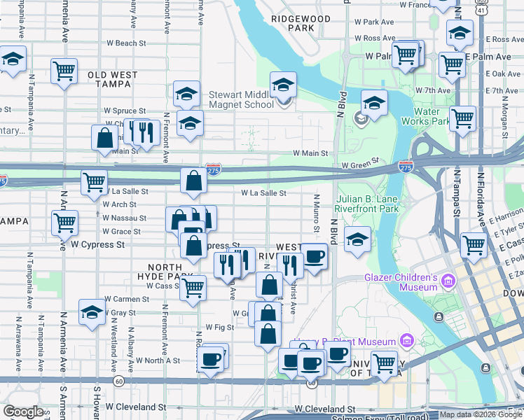 map of restaurants, bars, coffee shops, grocery stores, and more near 1306 West Arch Street in Tampa