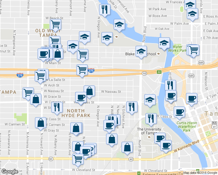map of restaurants, bars, coffee shops, grocery stores, and more near 1306 West Arch Street in Tampa