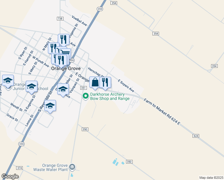 map of restaurants, bars, coffee shops, grocery stores, and more near 520 East Orange Avenue in Orange Grove