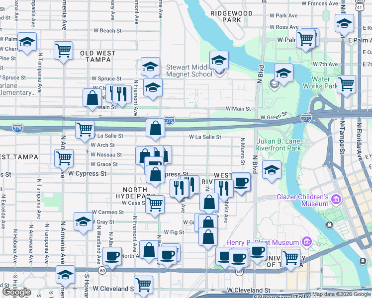 map of restaurants, bars, coffee shops, grocery stores, and more near 1324 West Arch Street in Tampa