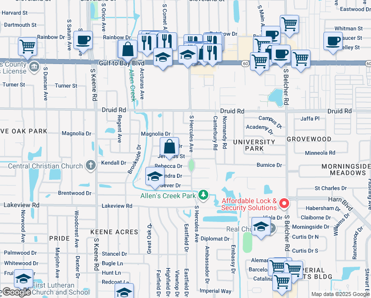 map of restaurants, bars, coffee shops, grocery stores, and more near 1957 Ripon Drive in Clearwater