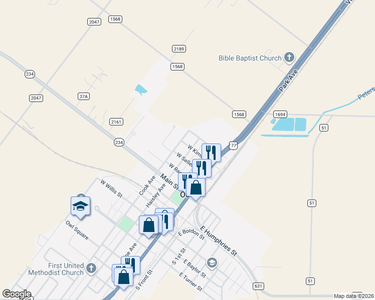 map of restaurants, bars, coffee shops, grocery stores, and more near 203 Haisley Avenue in Odem
