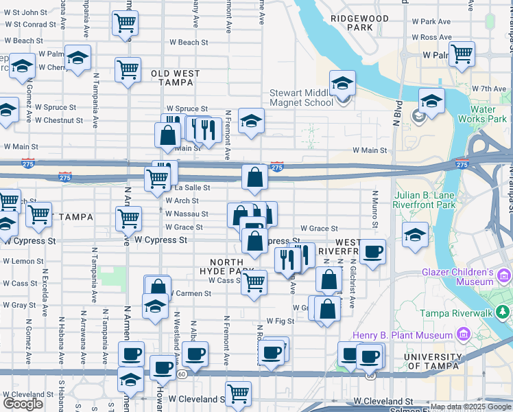 map of restaurants, bars, coffee shops, grocery stores, and more near 1710 West Arch Street in Tampa