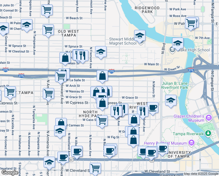 map of restaurants, bars, coffee shops, grocery stores, and more near 1536 W Arch St in Tampa