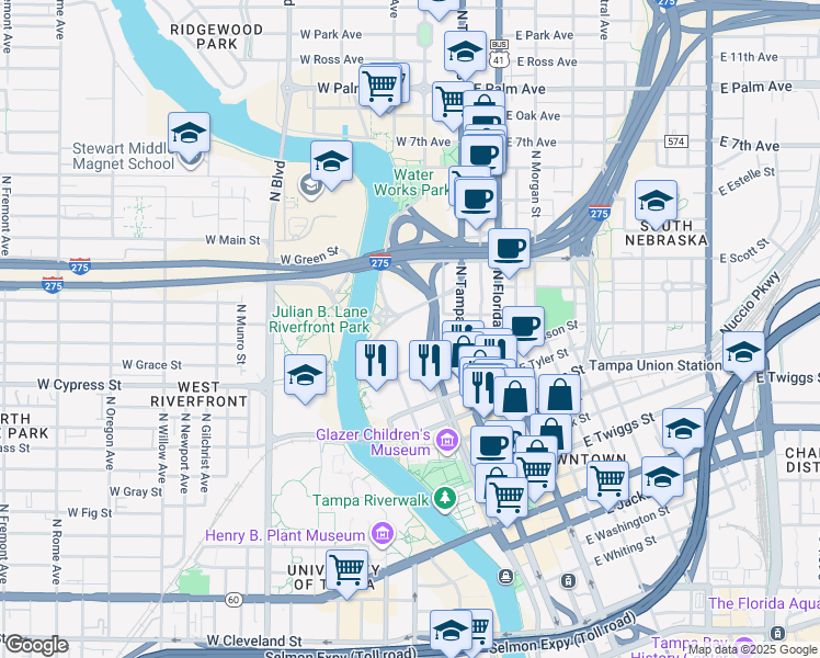 map of restaurants, bars, coffee shops, grocery stores, and more near 109 West Fortune Street in Tampa