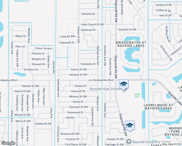 map of restaurants, bars, coffee shops, grocery stores, and more near 435 Hansare Street Southwest in Palm Bay