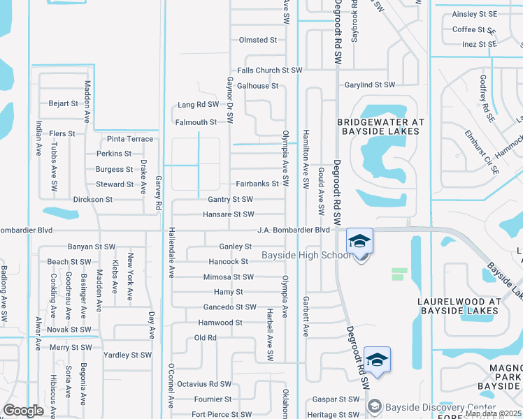 map of restaurants, bars, coffee shops, grocery stores, and more near 435 Hansare Street Southwest in Palm Bay