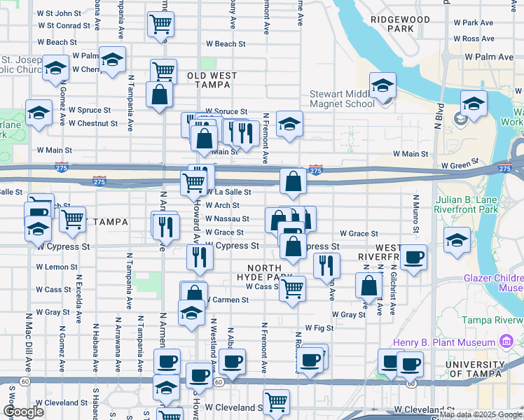 map of restaurants, bars, coffee shops, grocery stores, and more near 1902 West Arch Street in Tampa