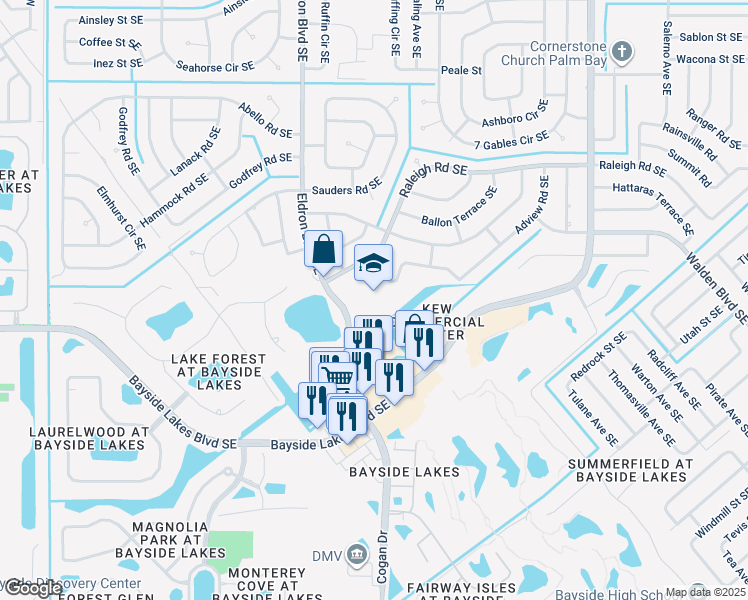 map of restaurants, bars, coffee shops, grocery stores, and more near 1755 Eldron Boulevard Southeast in Palm Bay