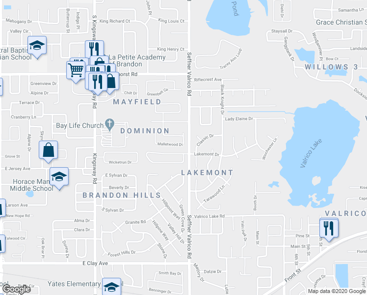 map of restaurants, bars, coffee shops, grocery stores, and more near 1018 Malletwood Drive in Brandon