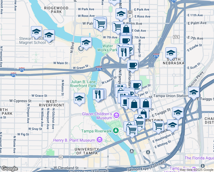 map of restaurants, bars, coffee shops, grocery stores, and more near 109 West Fortune Street in Tampa