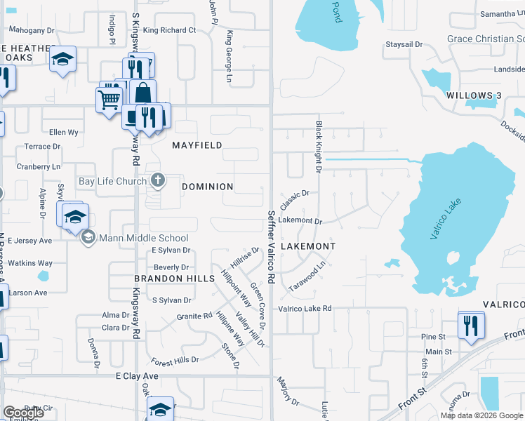 map of restaurants, bars, coffee shops, grocery stores, and more near 1018 Malletwood Drive in Brandon