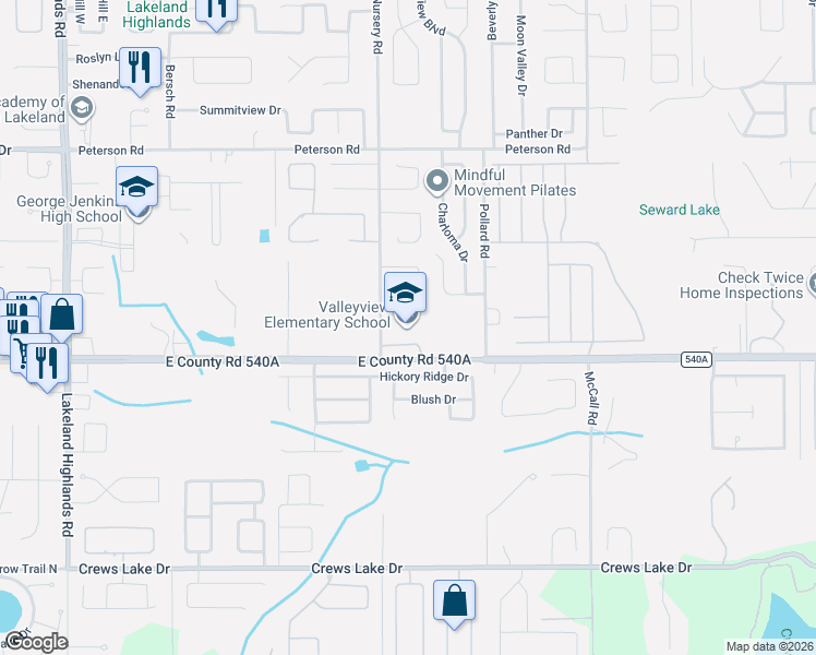 map of restaurants, bars, coffee shops, grocery stores, and more near 6111 Mayberry in Lakeland