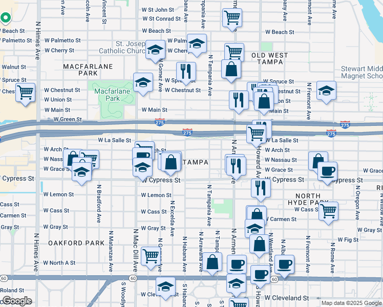map of restaurants, bars, coffee shops, grocery stores, and more near 2712 West Arch Street in Tampa