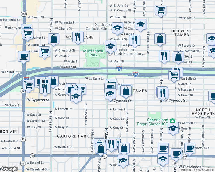 map of restaurants, bars, coffee shops, grocery stores, and more near 3016 West Arch Street in Tampa