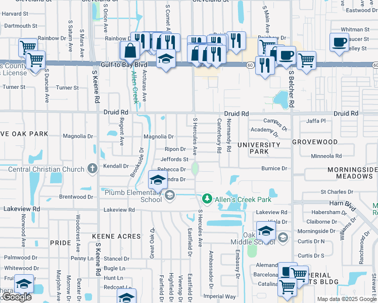 map of restaurants, bars, coffee shops, grocery stores, and more near 1957 Ripon Drive in Clearwater