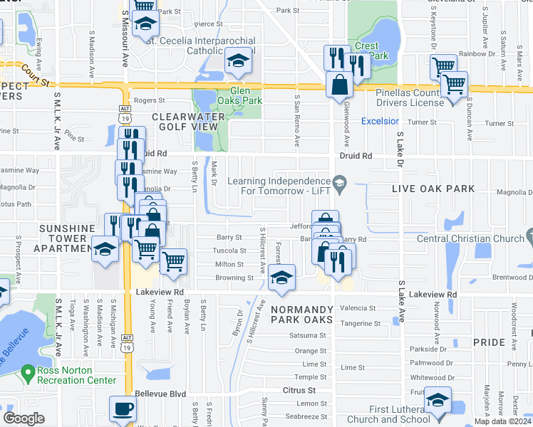 map of restaurants, bars, coffee shops, grocery stores, and more near 1417 Lotus Path in Clearwater