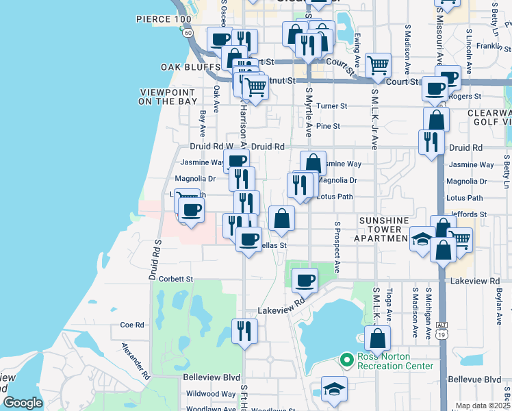 map of restaurants, bars, coffee shops, grocery stores, and more near 508 Jeffords St in Clearwater