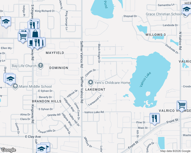 map of restaurants, bars, coffee shops, grocery stores, and more near 1104 Ridgefield Drive in Valrico