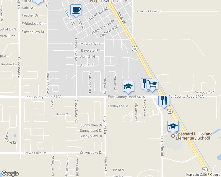 map of restaurants, bars, coffee shops, grocery stores, and more near 6007 Mission Drive in Lakeland
