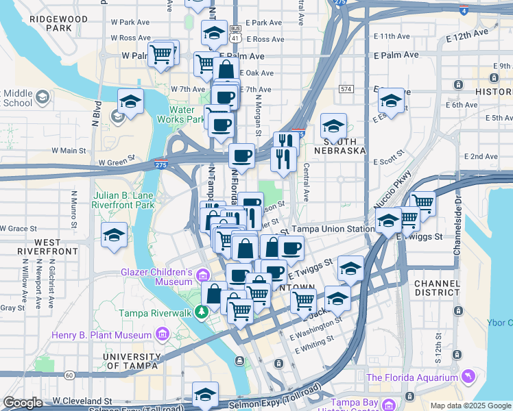 map of restaurants, bars, coffee shops, grocery stores, and more near 506e East Harrison Street in Tampa