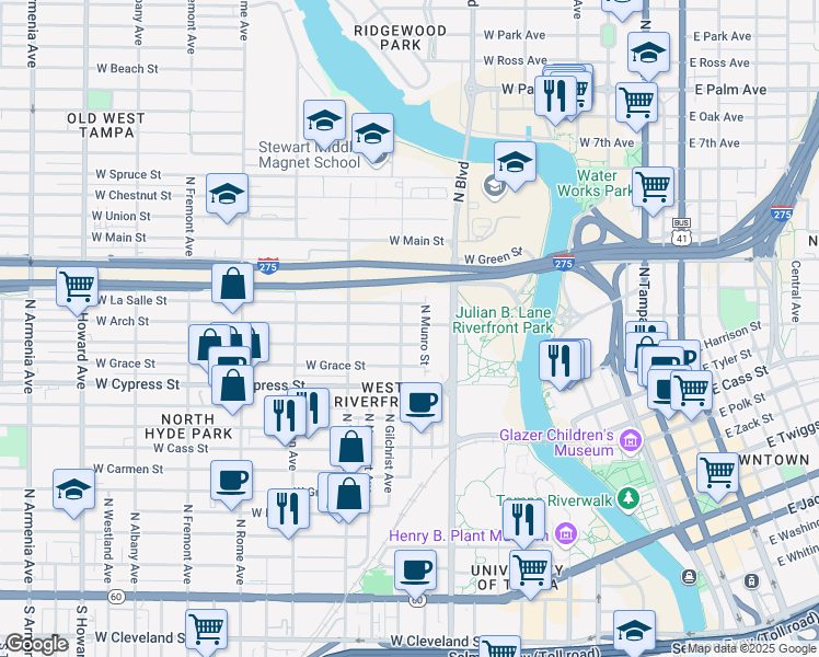 map of restaurants, bars, coffee shops, grocery stores, and more near 1006 West Arch Street in Tampa