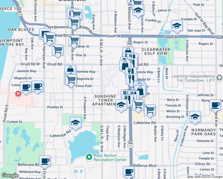 map of restaurants, bars, coffee shops, grocery stores, and more near 1200 South Missouri Avenue in Clearwater