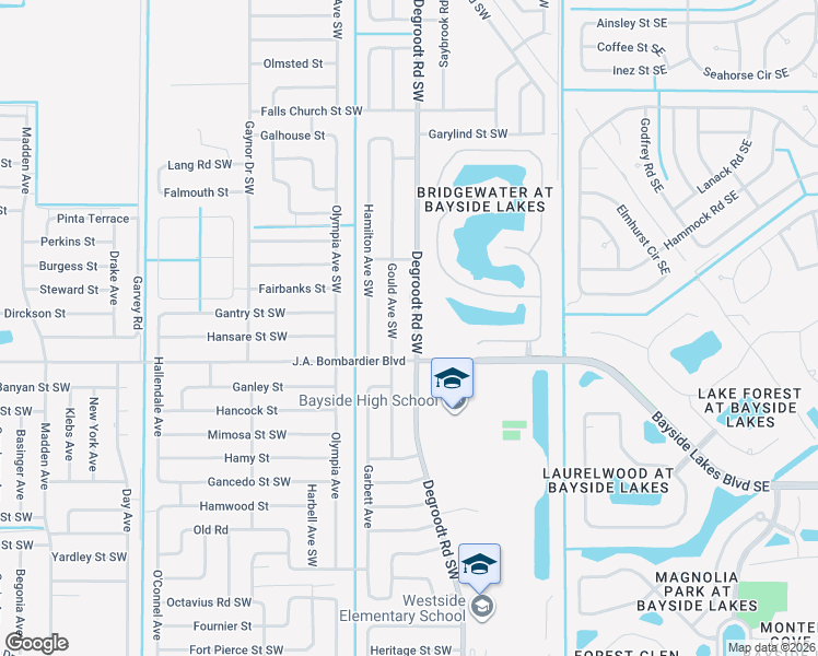 map of restaurants, bars, coffee shops, grocery stores, and more near 1800 Degroodt Road Southwest in Palm Bay