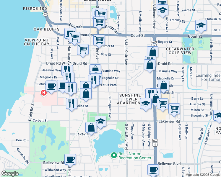 map of restaurants, bars, coffee shops, grocery stores, and more near 1105 South Prospect Avenue in Clearwater