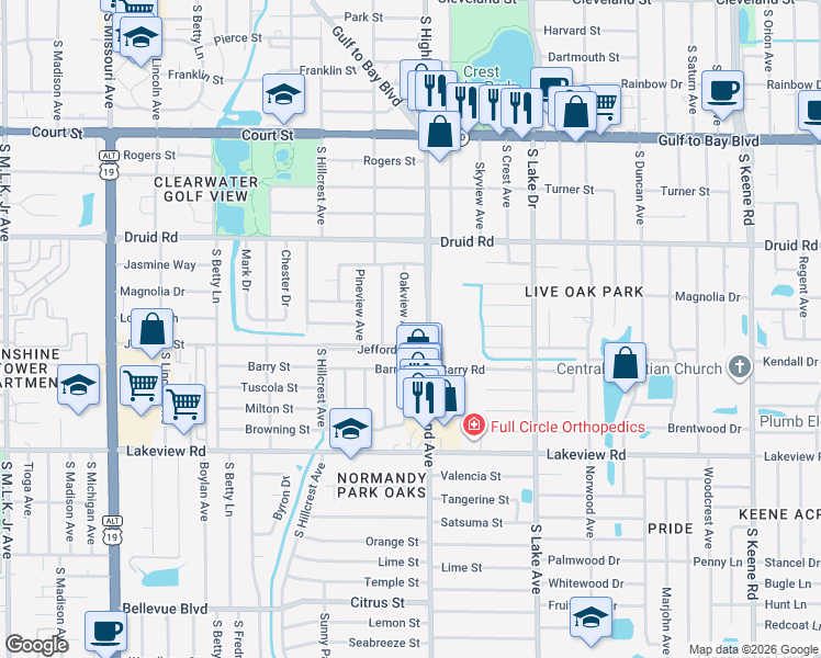 map of restaurants, bars, coffee shops, grocery stores, and more near 1101 Oakview Avenue in Clearwater