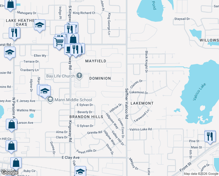 map of restaurants, bars, coffee shops, grocery stores, and more near 1036 Malletwood Drive in Brandon