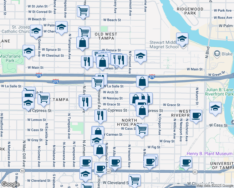 map of restaurants, bars, coffee shops, grocery stores, and more near 1944 West Arch Street in Tampa
