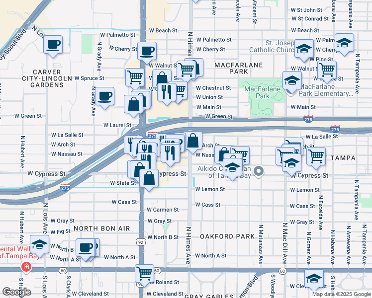 map of restaurants, bars, coffee shops, grocery stores, and more near 1210 North Himes Avenue in Tampa