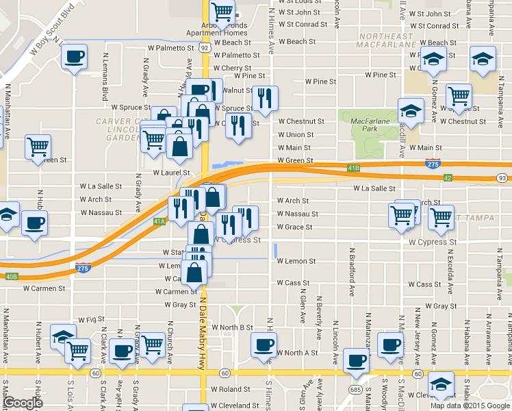 map of restaurants, bars, coffee shops, grocery stores, and more near 3514 West Arch Street in Tampa