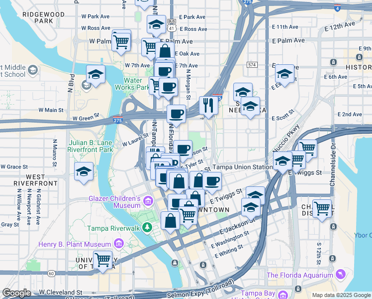 map of restaurants, bars, coffee shops, grocery stores, and more near 510 East Harrison Street in Tampa