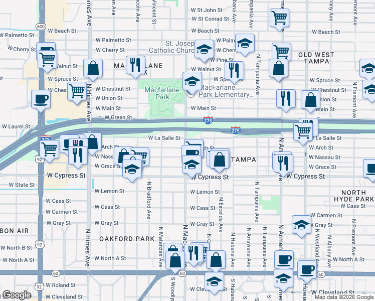 map of restaurants, bars, coffee shops, grocery stores, and more near 3016 West Arch Street in Tampa